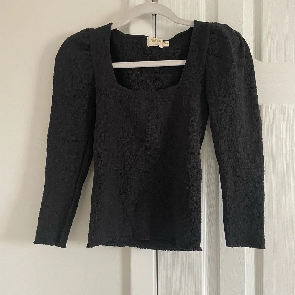 Nation LTD Alexandra Smocked Long Sleeve Black Peasant Top Pima Cotton
